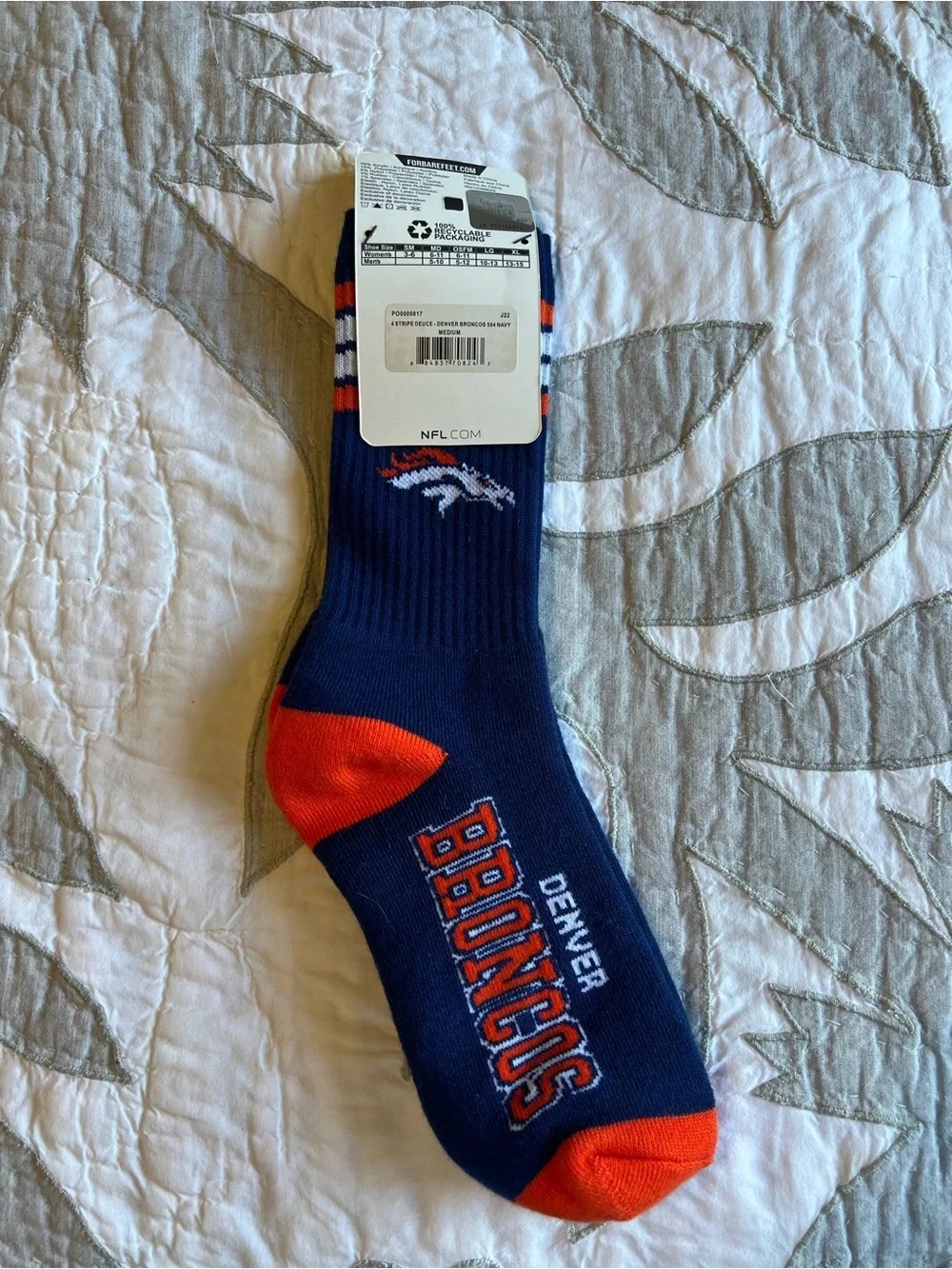 NFL Denver Broncos Football Crew Socks Mens Medium Fits Shoe 5-10 NEW